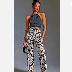 ANTHROPOLOGIE MAEVE COLETTE CROP WIDE LEG PANTS BLACK FLORAL - Size 28 - EUC